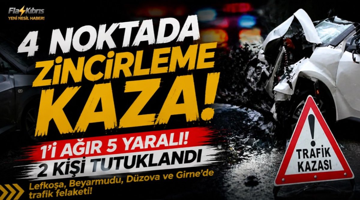 Lefkoşa, Beyarmudu, Düzova ve Girne'de trafik kazası: 1'i ağır 5 yaralı, 2 tutuklu