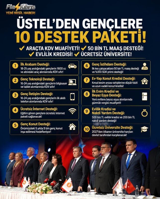 Üstel'den gençlere 10 destek paketi: Araçta KDV muafiyeti, 50 bin TL maaş desteği, evlilik kredisi ve ücretsiz üniversite!