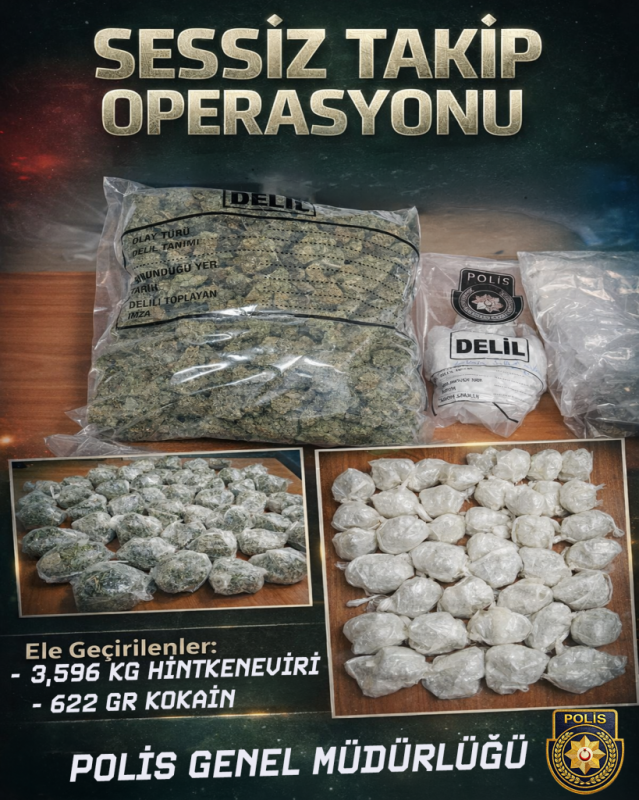 Gönyeli’de, “Sessiz Takip Operasyonu” kapsamında 3 kilo 596 gram hintkeneviri ile 622 gram kokain ele geçirildi