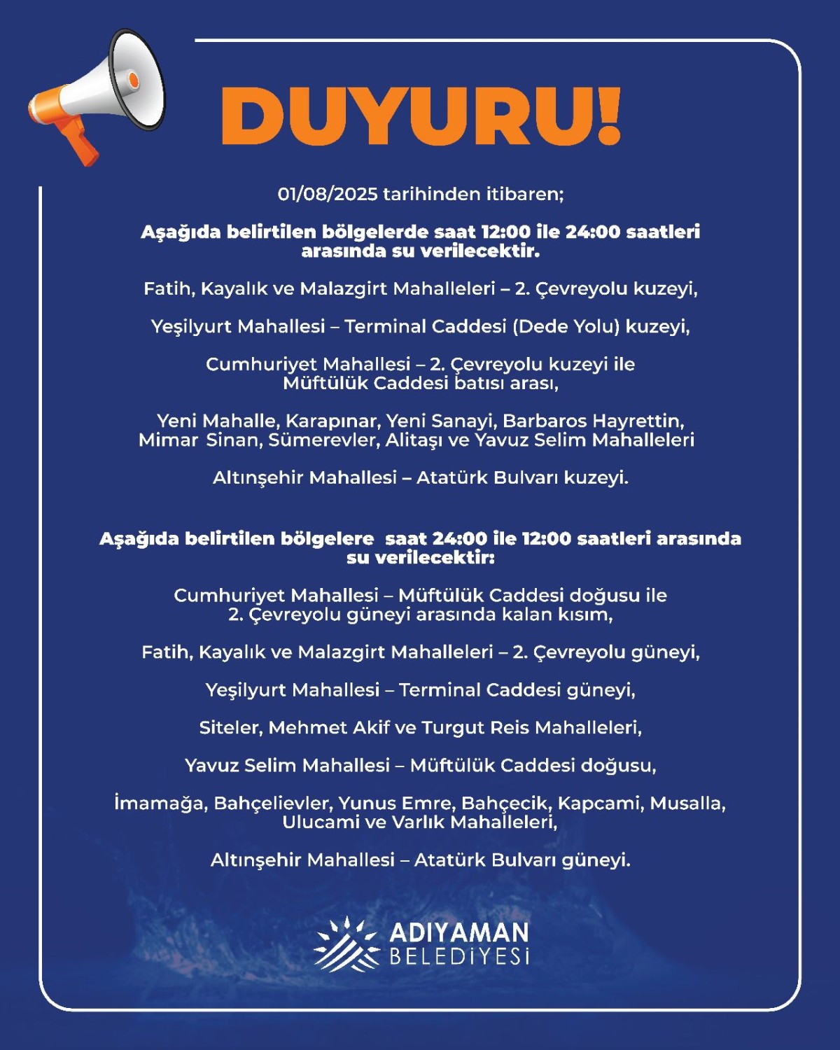 Adıyaman Belediyesi’nden mahallelere dönüşümlü su dağıtımı