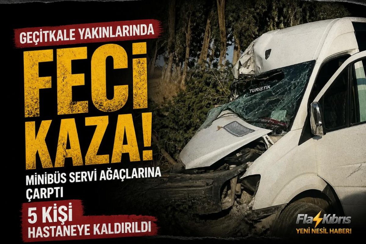 Geçitkale yakınlarında minibüs servi ağaçlarına çarptı